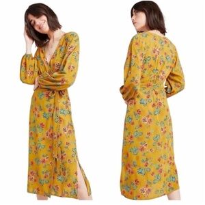Faithfull the Brand Yellow Floral Wrap Midi Dress